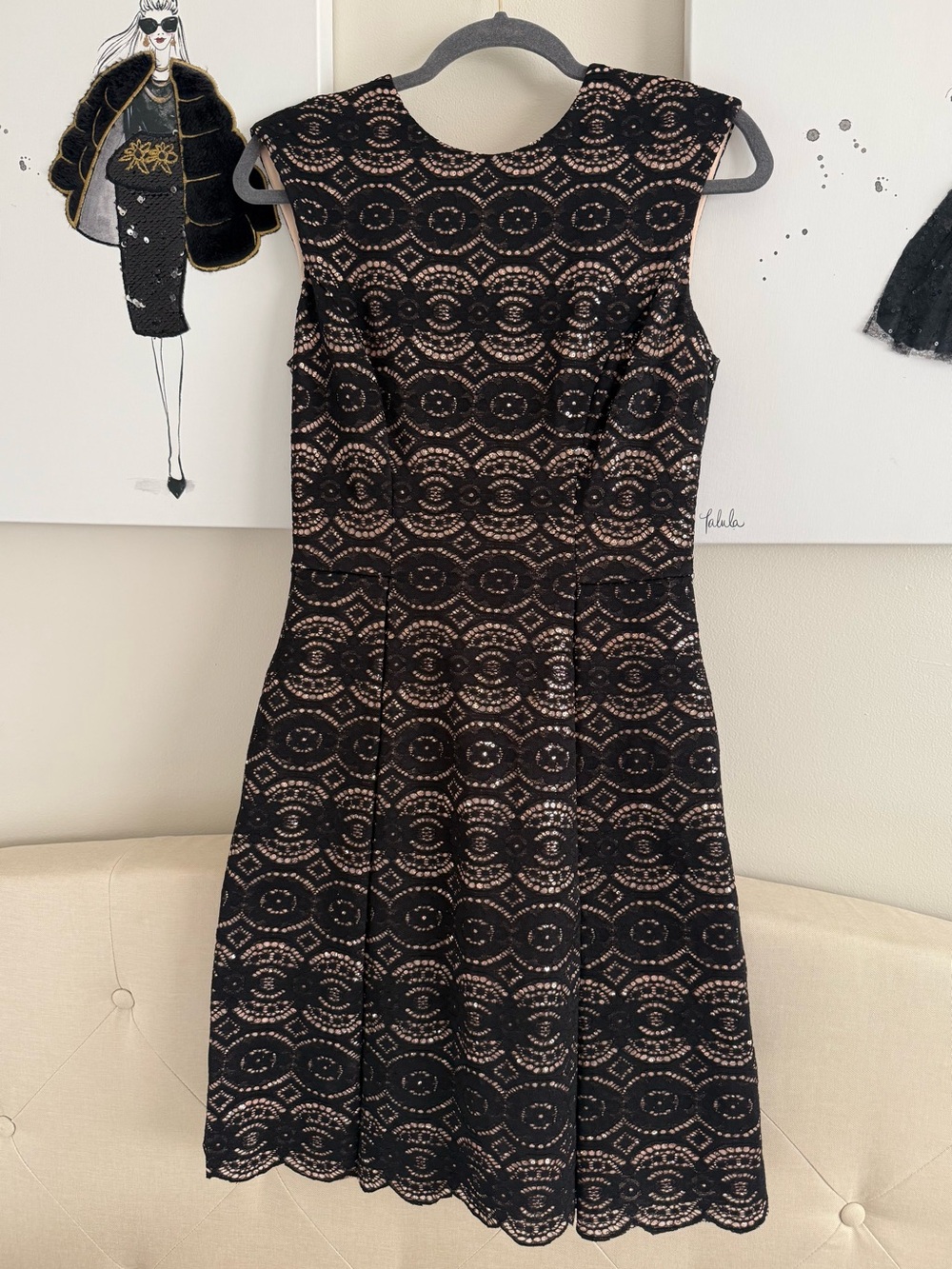Sleeveless Black and gold Lace Fit-and-Flare Dress with pocket